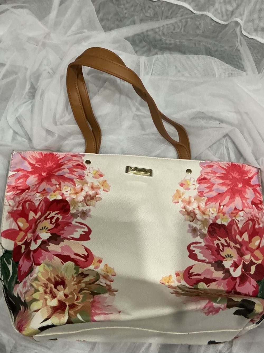 Tahari Floral Tote Bag Cream Pink Large Shoulder Bag